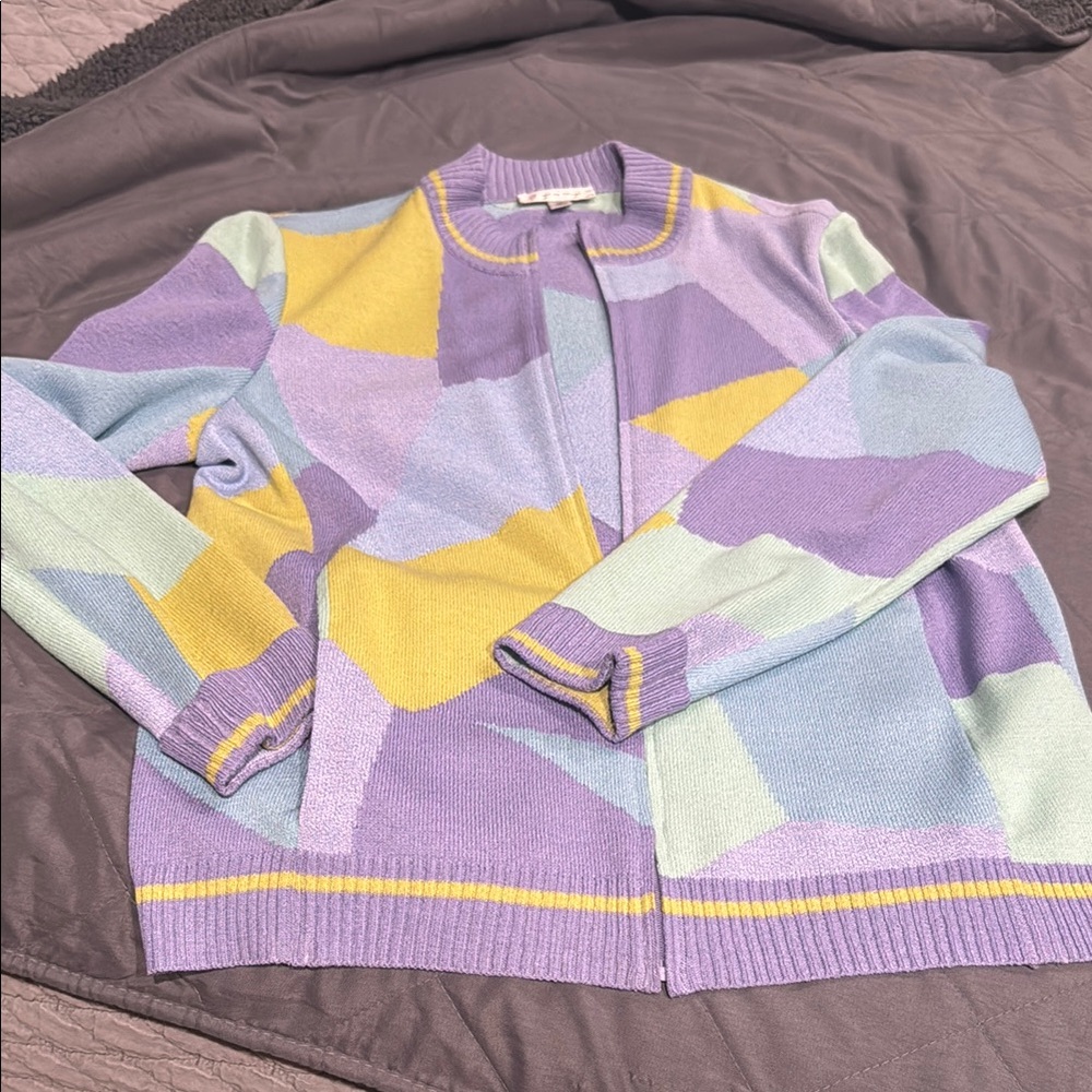 St. John Purple and Yellow Cardigan Sweater with Geometric Design